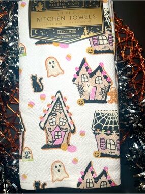 3 Halloween Gingerbread Cottage House Kitchen Towels Ghost Bat Cookies Candy
